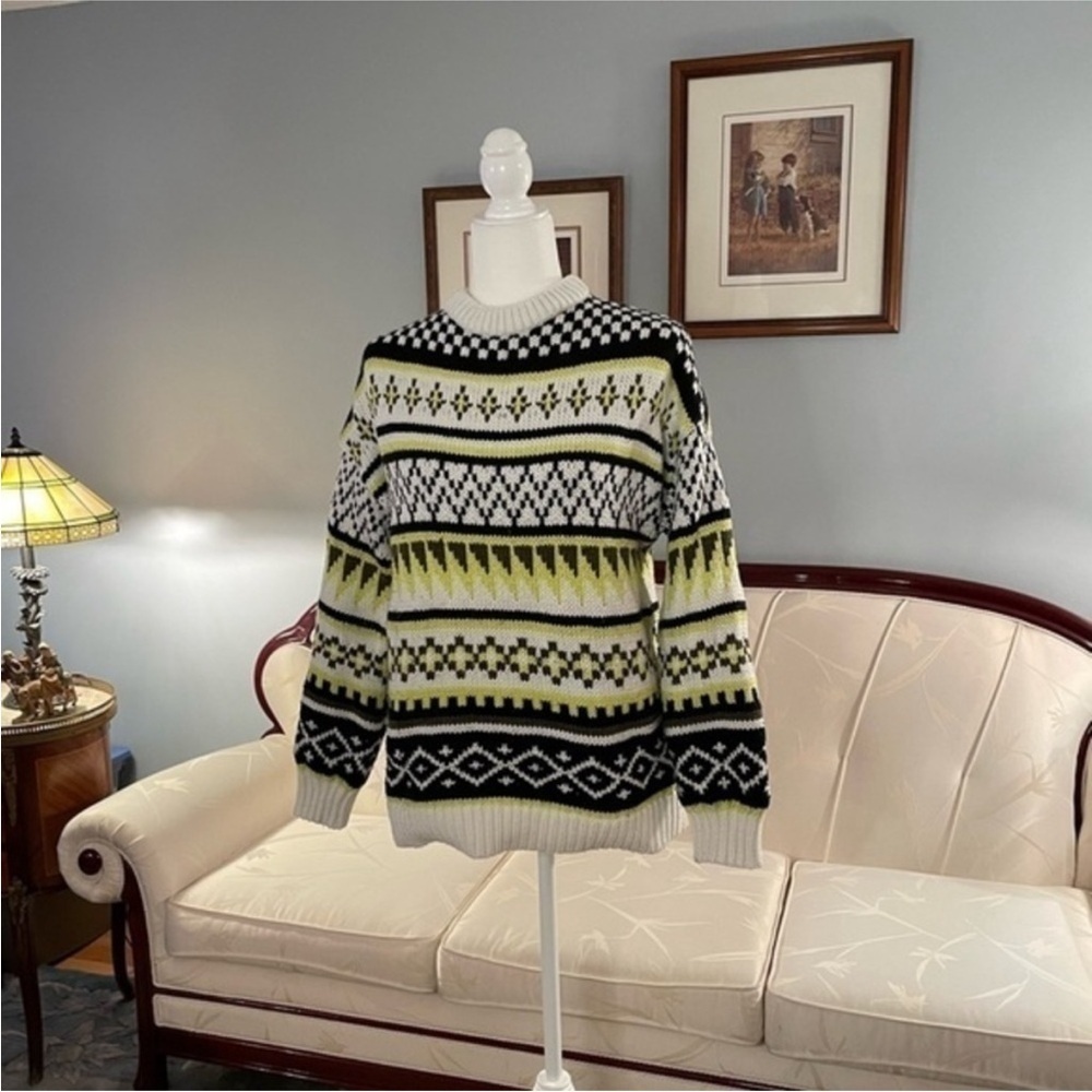 Twik White Black & Yellow Oversized Crewneck Grandpa Knit Sweater Size XS - Picture 6 of 10